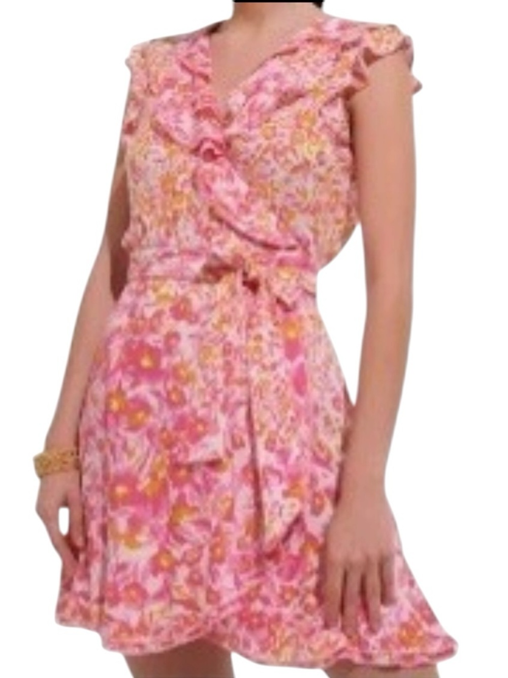Poupette St. Barth Floral Ruffle Sleeveless Surplice Tie Wrap Mini Dress, Size L